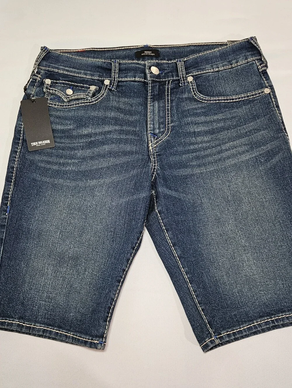 True Religion Ricky Big T Flap Shorts 34 NWT Blue Denim